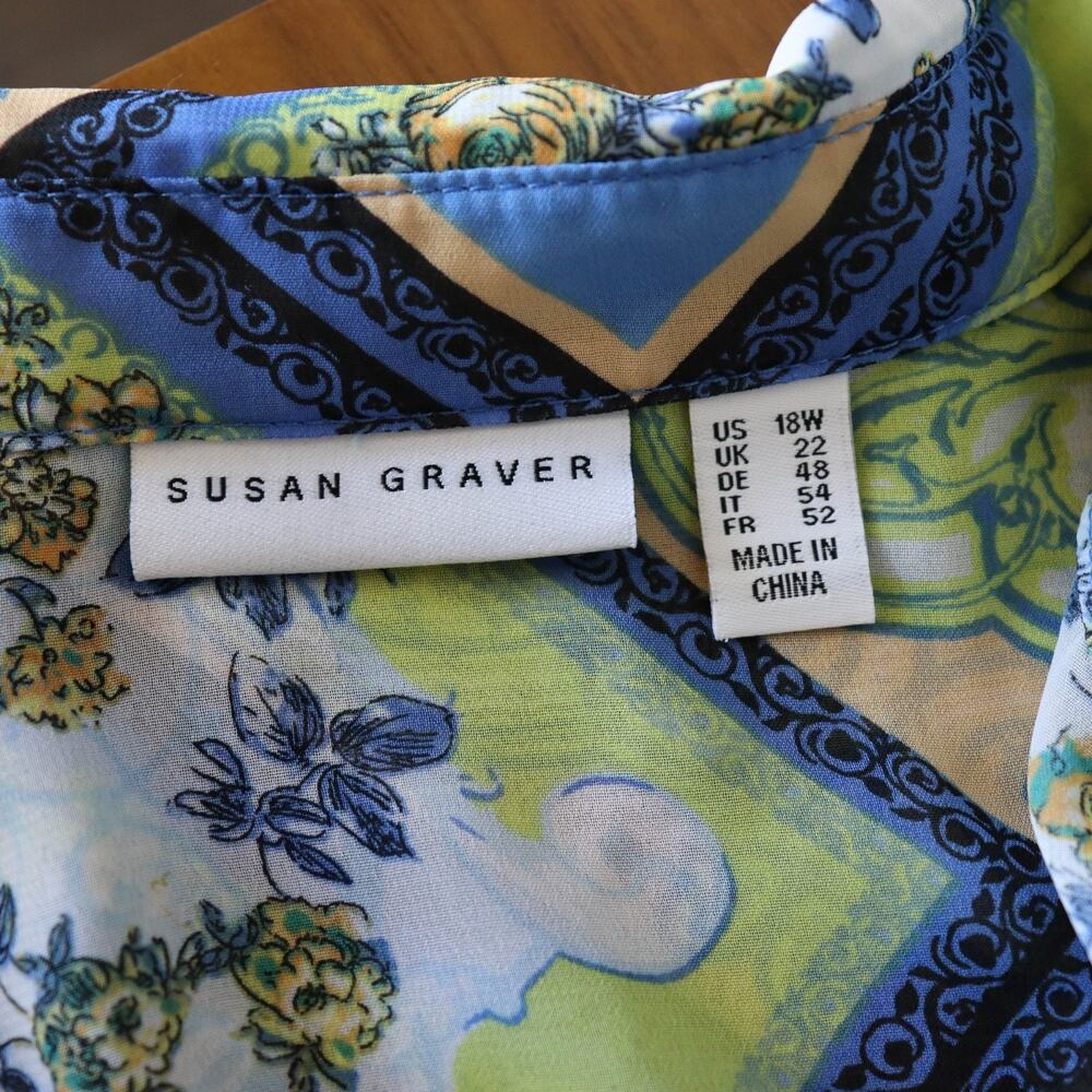 Susan Graver SIZE 18W Printed Sheer Chiffon Button Vest Green Blue A353359 - Picture 8 of 9